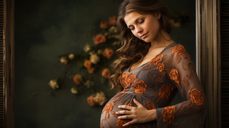 portrait of a beautiful pregnant woman in a dress of beige-orange shades on a background of flowers. Autumn calming composition.の素材