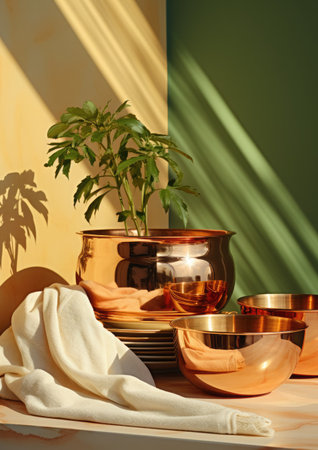 fashionable copper pan, creative minimalist still life, sunlight and shadows, pastel colorの素材