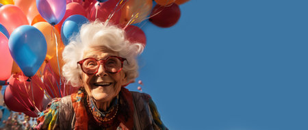 attractive bright senior woman celebrating her centenary. Against the background of colorful balloonsの素材