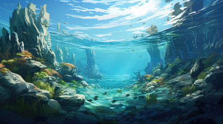 Serene sea underwater landscape, sun rays breaking through clear water. Various beneficial algae grow on the seabedの素材