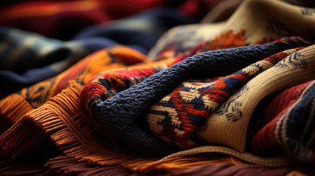 Close-up of a finely woven tapestry showing intricate patterns and textures. The craftsmanship of traditional national ethnic fabrics.の素材