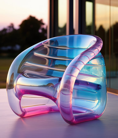 Futuristic stylish iridescent rainbow chair made of reflective plastic. Eco-friendly modern furniture made from recycled plastic. Technology and design come together to create something truly unique and beautiful.の素材