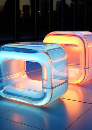 Futuristic stylish iridescent rainbow chair made of reflective plastic. Eco-friendly modern furniture made from recycled plastic. Technology and design come together to create something truly unique and beautiful.の素材