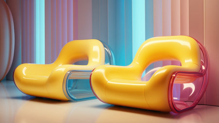 Futuristic stylish iridescent rainbow chair made of reflective plastic. Eco-friendly modern furniture made from recycled plastic. Technology and design come together to create something truly unique and beautiful.の素材