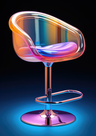 Futuristic stylish iridescent rainbow chair made of reflective plastic. Eco-friendly modern furniture made from recycled plastic. Technology and design come together to create something truly unique and beautiful.の素材