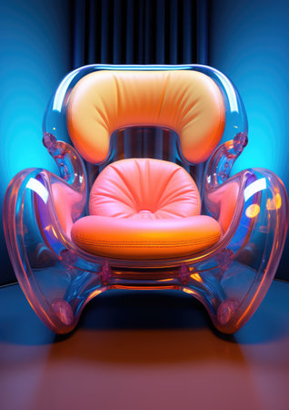 Futuristic stylish iridescent rainbow chair made of reflective plastic. Eco-friendly modern furniture made from recycled plastic. Technology and design come together to create something truly unique and beautiful.の素材