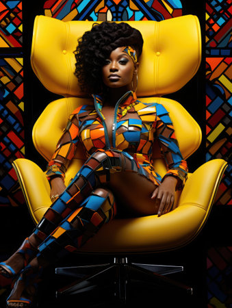 Abstract colorful portrait of a young beautiful girl sitting on a futuristic chair made of recycled plastic. futuristic look, fashionable clothing.の素材