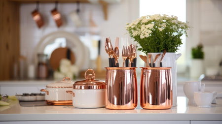 Beautiful modern copper cookware closeup on white blurred kitchen.の素材