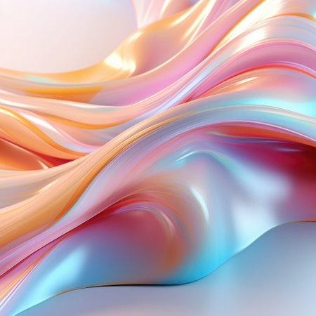 Abstract liquid iridescent holographic neon curved plastic wave in motion colorful gradient pastel light retro yellow, pink, blue background.の素材