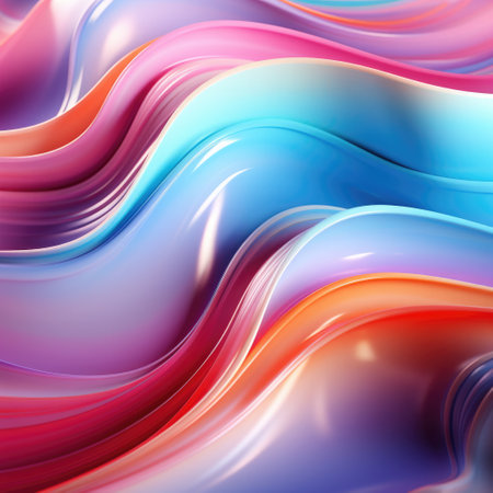 Abstract liquid iridescent holographic neon curved plastic wave in motion colorful gradient pastel light retro yellow, pink, blue background.の素材