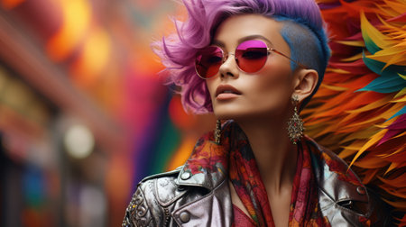 Portrait of a non-binary person with colored hair against a bright urban background. Youth street fashion, Urban styleの素材