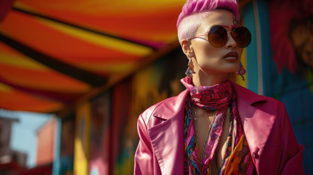 Portrait of a non-binary person with colored hair against a bright urban background. Youth street fashion, Urban styleの素材