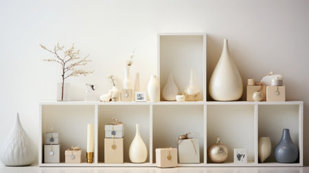 A close-up of minimalist decor in Scandinavian style. sleek figurines and stylish presents artfully arranged against a pristine white backdrop. Soft pastel hues grace this scene, creating an atmosphere of elegance and simplicity.の素材