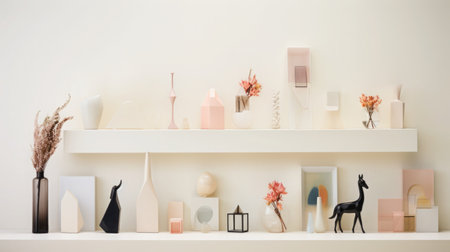 A close-up of minimalist decor in Scandinavian style. sleek figurines and stylish presents artfully arranged against a pristine white backdrop. Soft pastel hues grace this scene, creating an atmosphere of elegance and simplicity.の素材