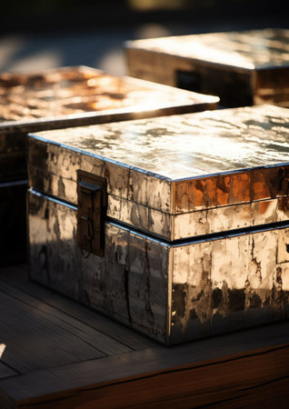 decorative storage boxes made from recycled aluminum, minimalist interior, sunlight and shadows.の素材