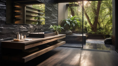 Trendy Outdoor Bathroom. Cultured concrete for a built-in bath. Interior designs finished in steel with a black patina or wood with a rustic live edge create a feeling of rawness and transparencyの素材