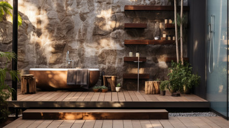 Trendy Outdoor Bathroom. Cultured concrete for a built-in bath. Interior designs finished in steel with a black patina or wood with a rustic live edge create a feeling of rawness and transparencyの素材