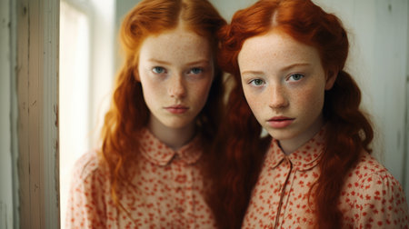 Charming red-haired freckled Irish British twin sistersの素材