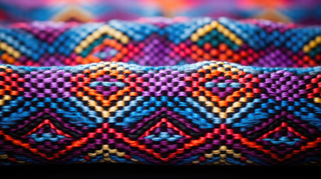 close-up fabric texture with embroidered Mexican cactus, flowers, and geometric pattern. National Hispanic Heritage Month conceptの素材