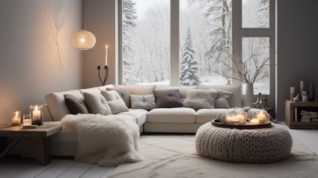 A room with minimalist decor accented with subtle Christmas accents. balanced composition, subdued elegance. fluffy knitted blanket.の素材