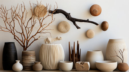 A set of materials used in Organic Modern decor. Close-ups of organic decorative materials, accent textures and neutral backgrounds. Scandinavian or Japandi styleの素材