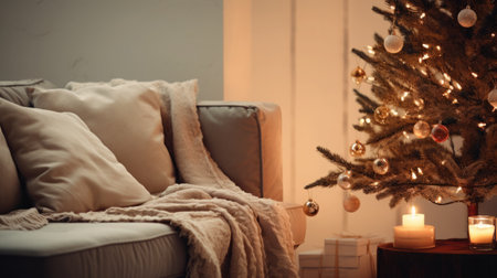 Festive Simplicity holiday moment featuring a minimalist Christmas tree softly illuminated by warm, ambient lighting. Emphasize the cozy and tranquil atmosphere that Organic Modern decor can create.の素材