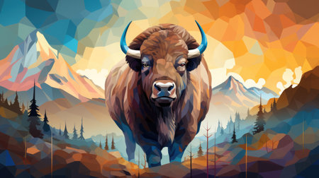 Abstract art of American Bison with geometric shapes. The bison is an American Native heritage symbol.の素材