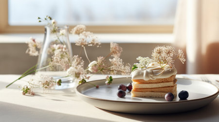 The effortless elegance of sponge cake and whipped cream. Airy and light dessert. Minimalist composition with exquisite baking details.の素材
