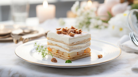 The effortless elegance of sponge cake and whipped cream. Airy and light dessert. Minimalist composition with exquisite baking details.の素材