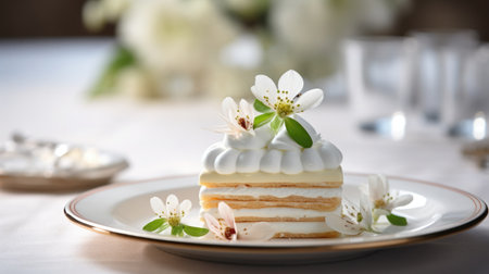 The effortless elegance of sponge cake and whipped cream. Airy and light dessert. Minimalist composition with exquisite baking details.の素材