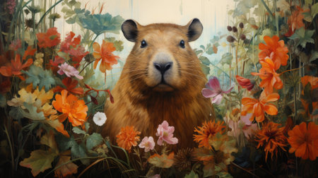 Capybara surrounded by Brazilian flora and fauna. Digital artの素材