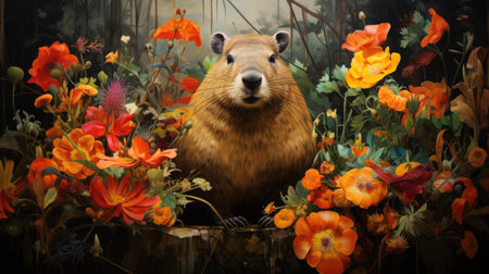 Capybara surrounded by Brazilian flora and fauna. Digital artの素材