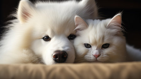 Adorable furry friends. A white cat and a white dog cuddle together, feeling trust and careの素材