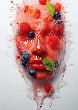 Woman's face with fruits and berries. Cosmetic concept, berry, fruit acid peeling, serum, vitamin face mask. Minimalistic creative compositionの素材