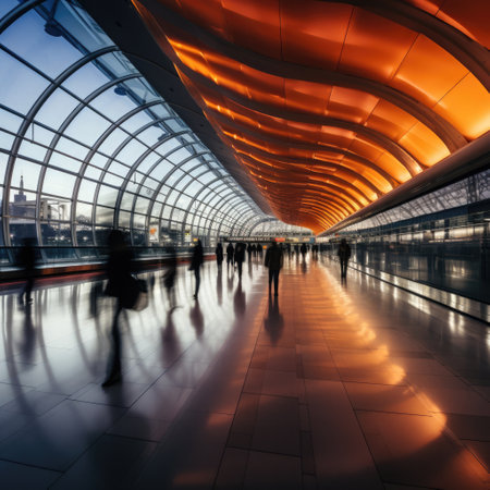 Blurred background of people in motion at a modern airport.の素材
