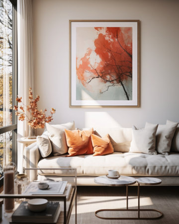 Living room with Scandinavian influences, featuring beige and orange accents, focus on a white-framed mockup paintingの素材