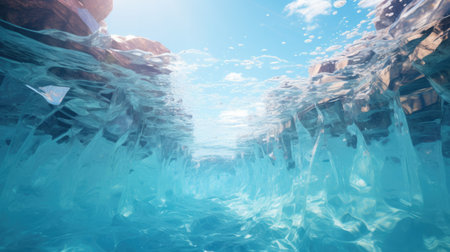 Photograph of a melting glacier with visible water streams, focus on the scale of the ice loss. Global warming, climate change conceptの素材