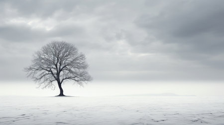 Minimalist winter landscape with a lone tree covered in snow.の素材