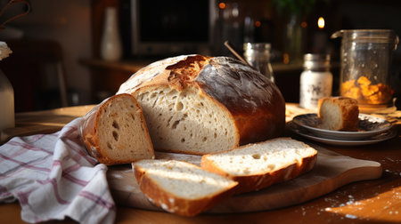 Sliced homemade bread on a wooden cutting board. National Homemade Bread Dayの素材