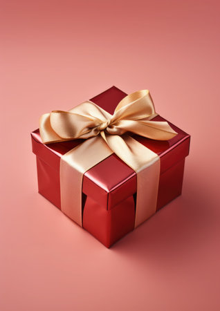 Single present gift box with ribbon on pastel background. Minimalist styleの素材