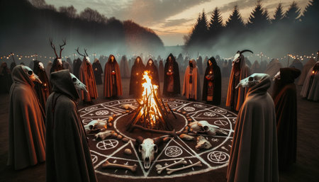 Pagan rituals of the old world. Participants wear animal skull masks and perform rites near a stone altarの素材
