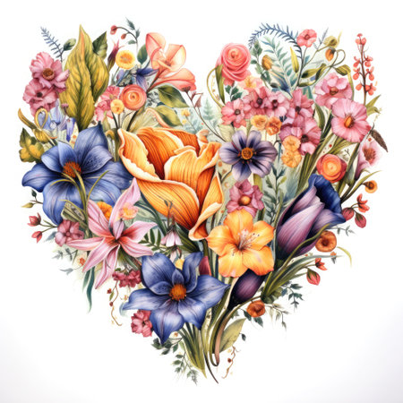flowers summer spring heart, without background, watercolor style.の素材