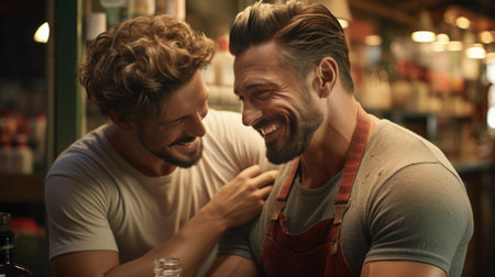 Two male friends share a laugh, highlighting the evolving concept of masculinity in everyday settings. The warmth and authenticity in their interaction dispel stereotypes and celebrate their true selvesの素材
