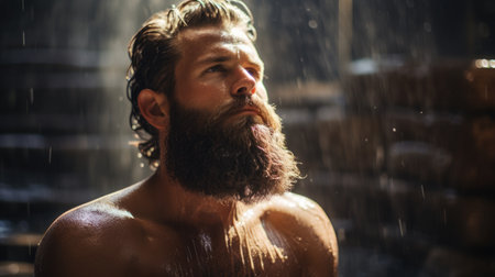 A modern masculine hipster man with a beard stands in the rain. Sports activities in any weatherの素材