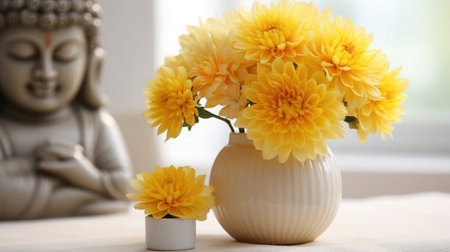 Beautiful dahlia or chrysanthemum flowers in a simple ceramic vase against the backdrop of a light simple interior.の素材