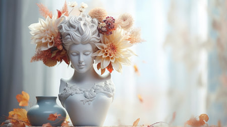 Beautiful dahlia or chrysanthemum flowers in a simple ceramic vase in the shape of a goddess's head.の素材