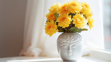 Beautiful dahlia or chrysanthemum flowers in a simple ceramic vase in the shape of a goddess's head.の素材