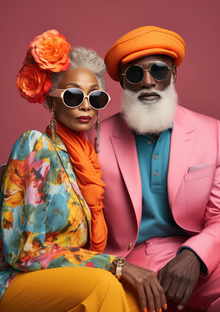 Creative portrait of fashionable adult hipster couple. Bright pastel pink, yellow, and blue. Vibrant joyful outfit. Fashion advertising studio photography.の素材