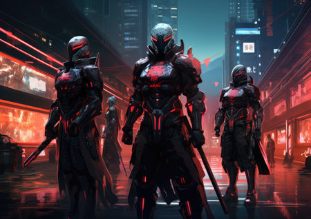 Modern-day samurai warriors with cybernetic enhancements, dressed in futuristic armor with neon accents. They stand in an urban dojo, ready to defend a high-tech metropolis.の素材