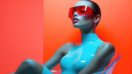 Portrait of a woman with colorful sunglasses sitting on a transparent chair with a blue and orange backgroundの素材